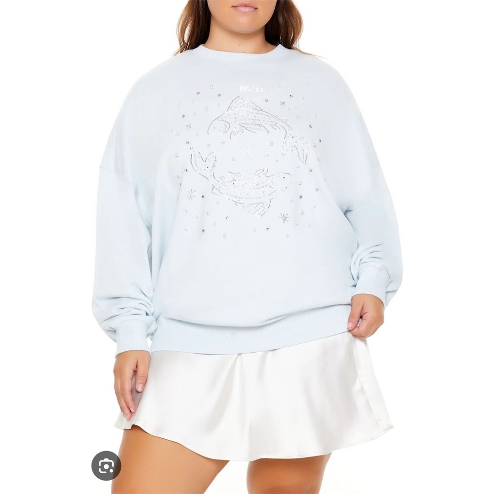 Forever 21‎ Pisces Zodiac Graphic Sweatshirt Light Blue Beaded Pearls Large NWT